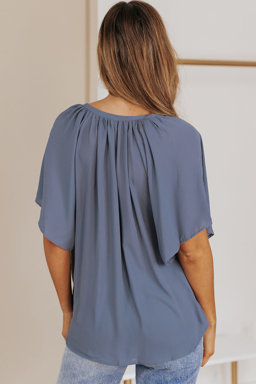 Dark Gray Gathered Detail Notched Neck Flutter Sleeve Top Tops
