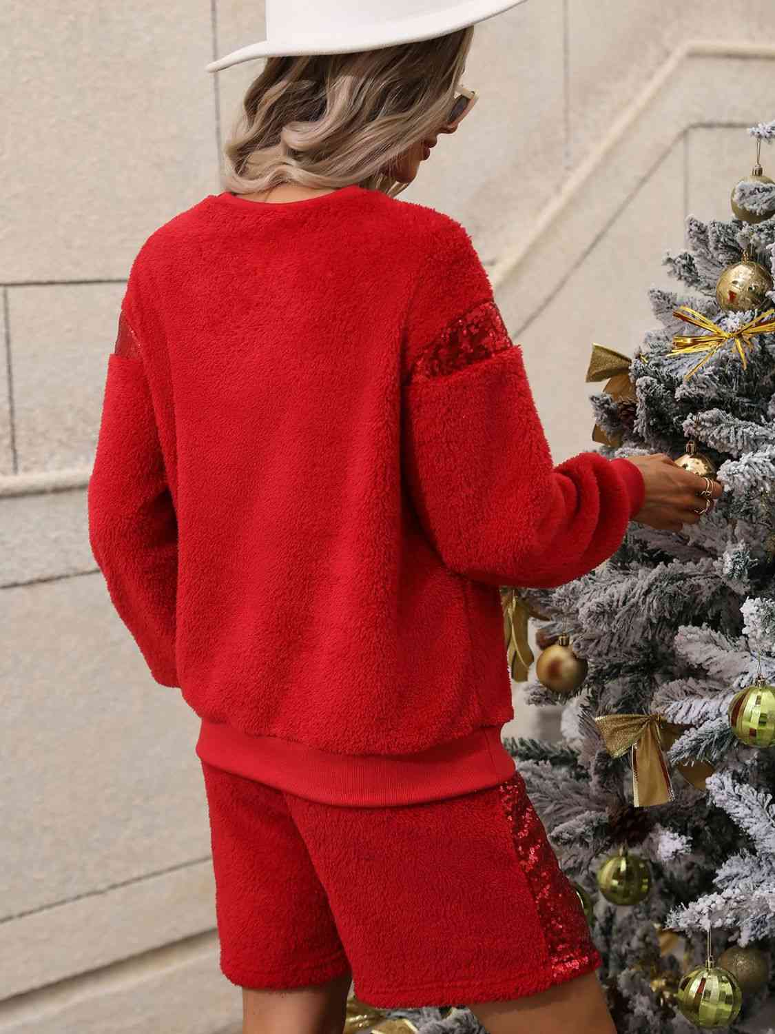 Firebrick Sequin Teddy Sweatshirt and Shorts Set Holiday