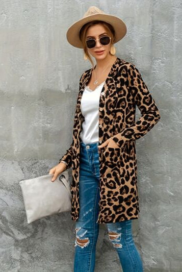 Dark Gray Leopard Button Up Long Sleeve Cardigan Trends