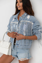 Gray Sequin Fringe Trim Distressed Button Up Denim Jacket Clothing