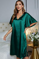 Dark Gray Satin Flutter Sleeve Side Slit V-Neck Night Dress Clothing