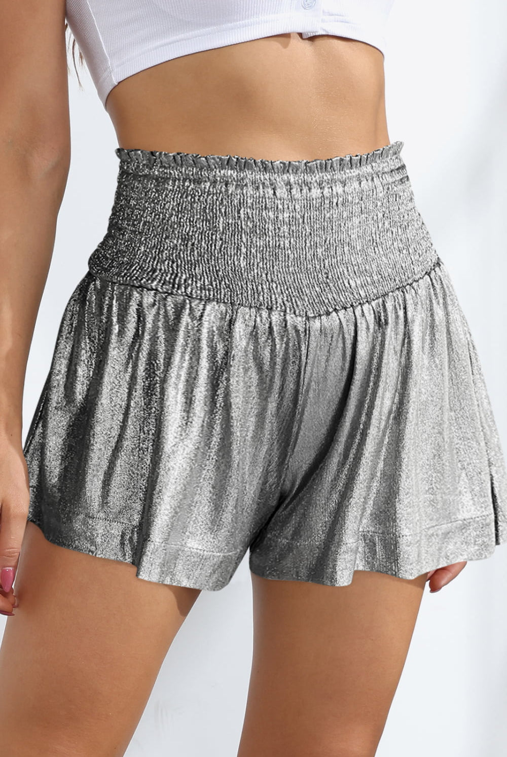 Rosy Brown Try To Pay Attention Glitter Smocked High-Waist Shorts Shorts