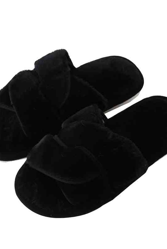 Black So Soft Faux Fur Twisted Strap Slippers Slides