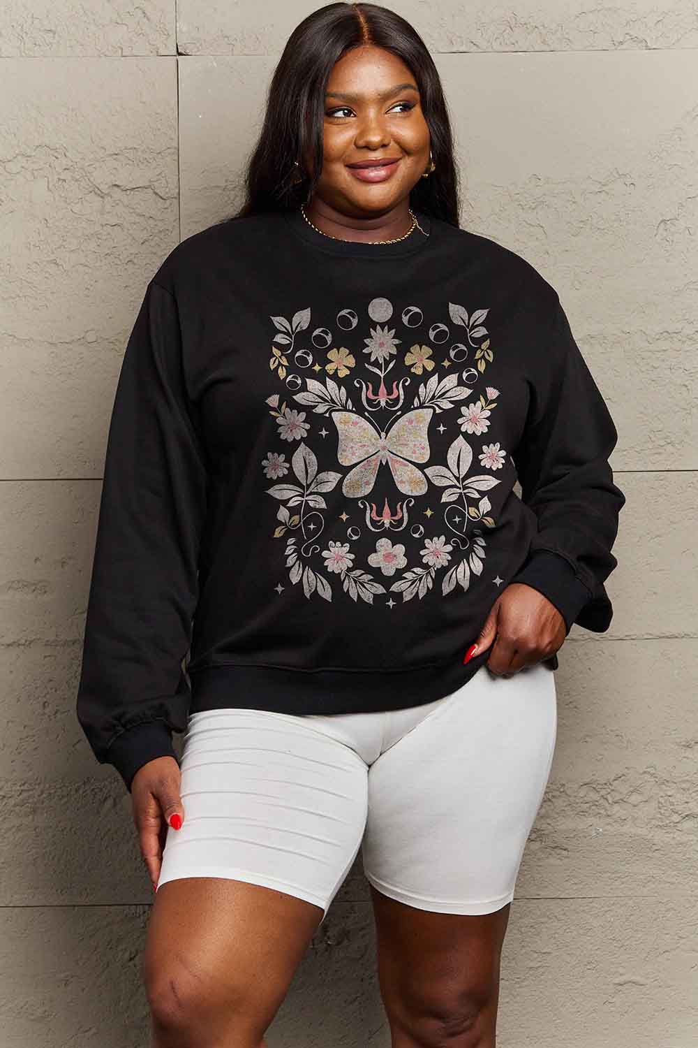 Dark Gray Simply Love Simply Love Full Size Flower and Butterfly Graphic Sweatshirt Sweatshirts