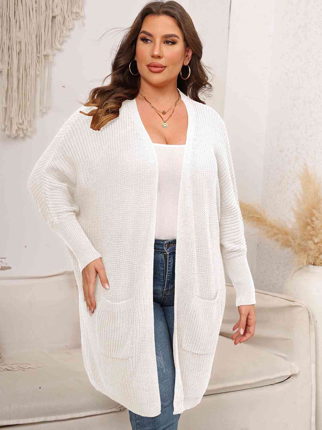 Light Gray Plus Size Open Front Cardigan With Pockets Plus Size Clothes