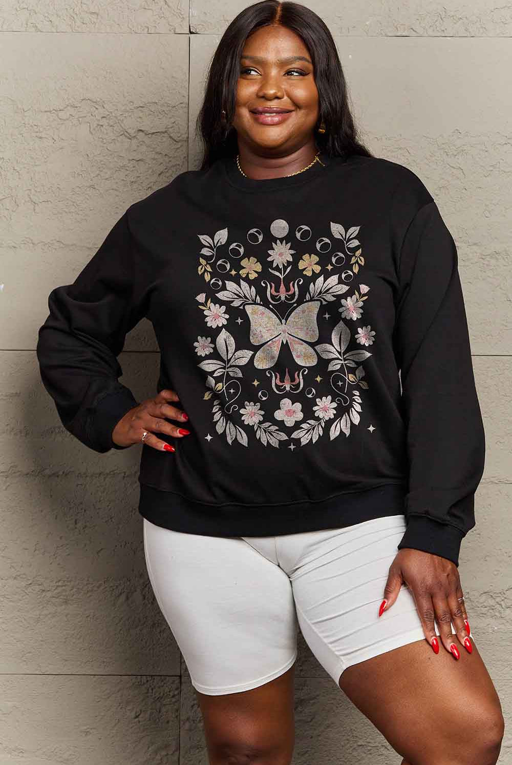 Dark Slate Gray Simply Love Simply Love Full Size Flower and Butterfly Graphic Sweatshirt Sweatshirts
