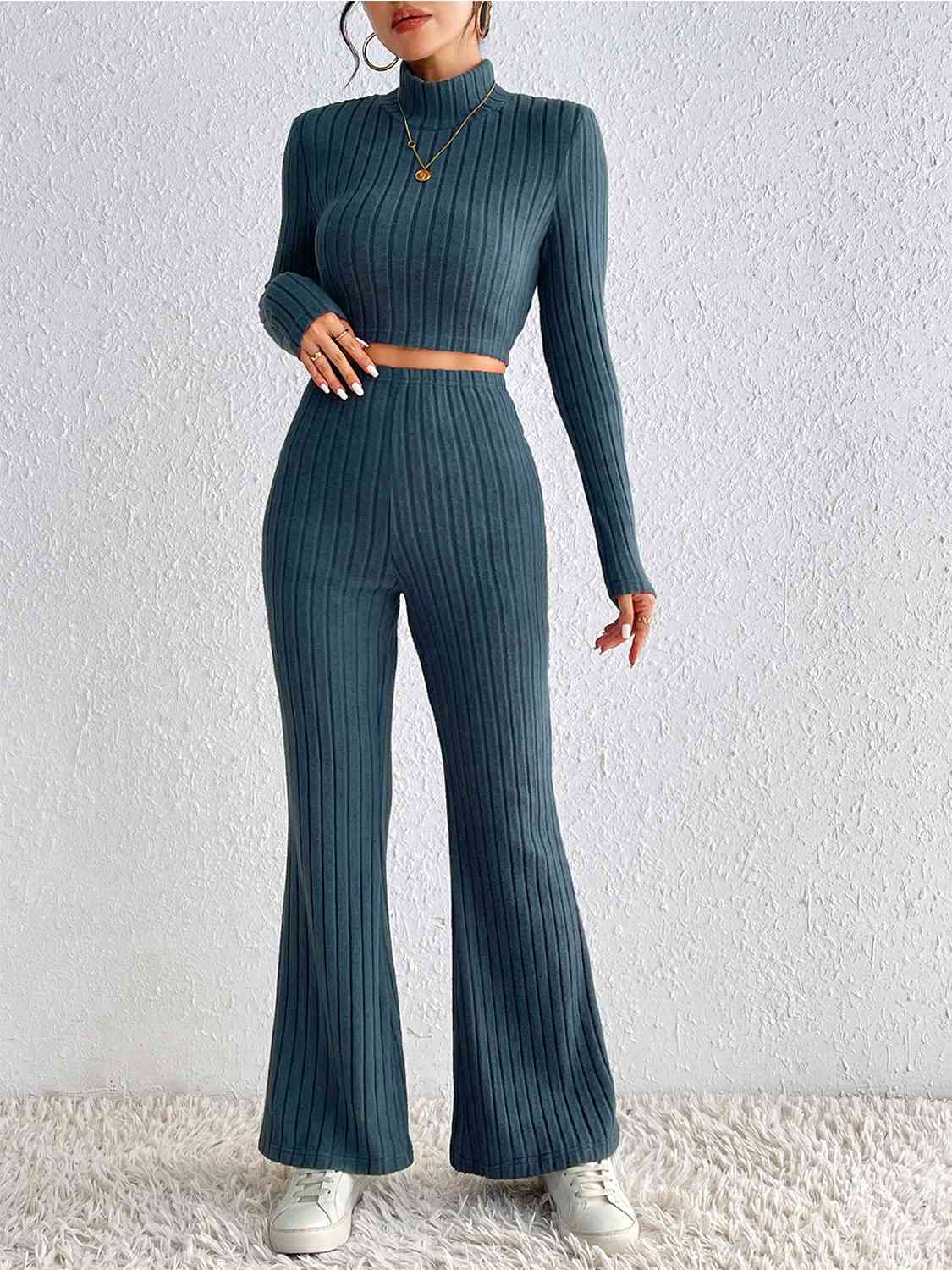 Light Gray Ribbed Mock Neck Cropped Sweater & High Waist Pants Set Holiday