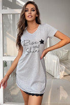 Dark Gray RISE AND SHINE Contrast Lace V-Neck T-Shirt Dress Pajamas