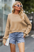 Rosy Brown Round Neck Drop Shoulder Long Sleeve Sweater Clothing