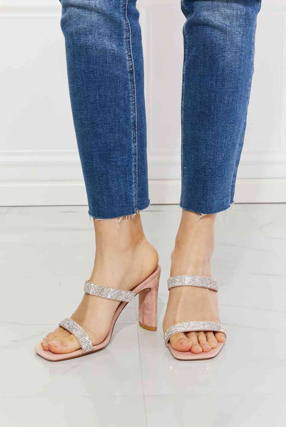 Light Gray MMShoes Leave A Little Sparkle Rhinestone Block Heel Sandal in Pink Shoes