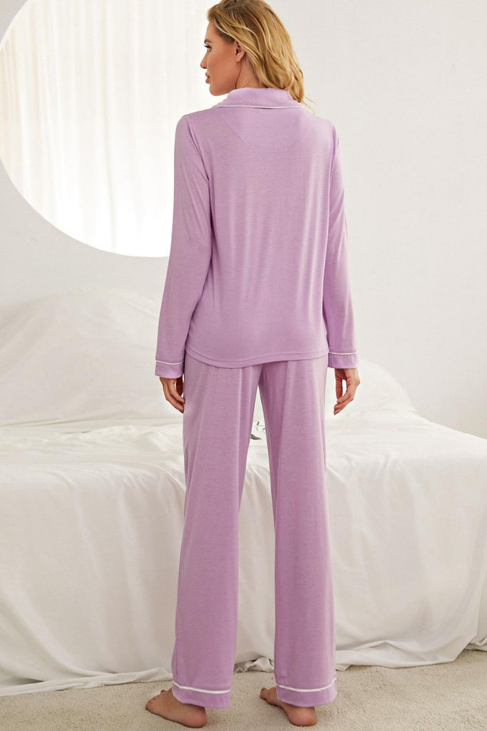 Light Gray Blessed Mess Contrast Piping Button Down Top and Pants Loungewear Set Pajamas