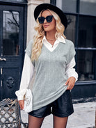 Gray Ribbed Collared Neck Dropped Shoulder Blouse Clothing