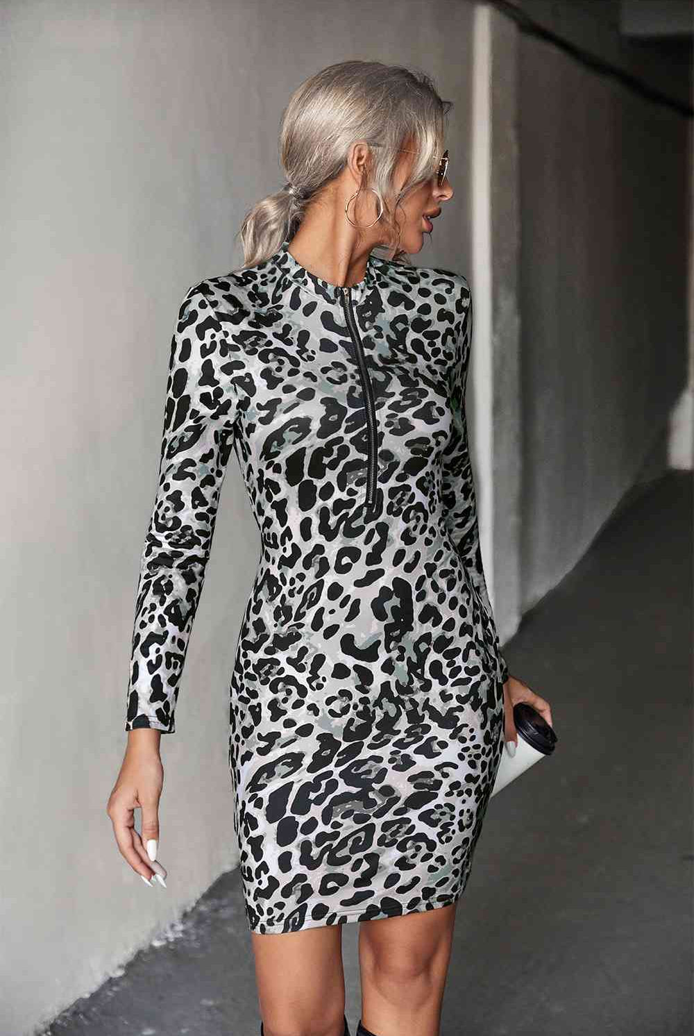 Dark Slate Gray Leopard Half-Zip Mini Dress Trends