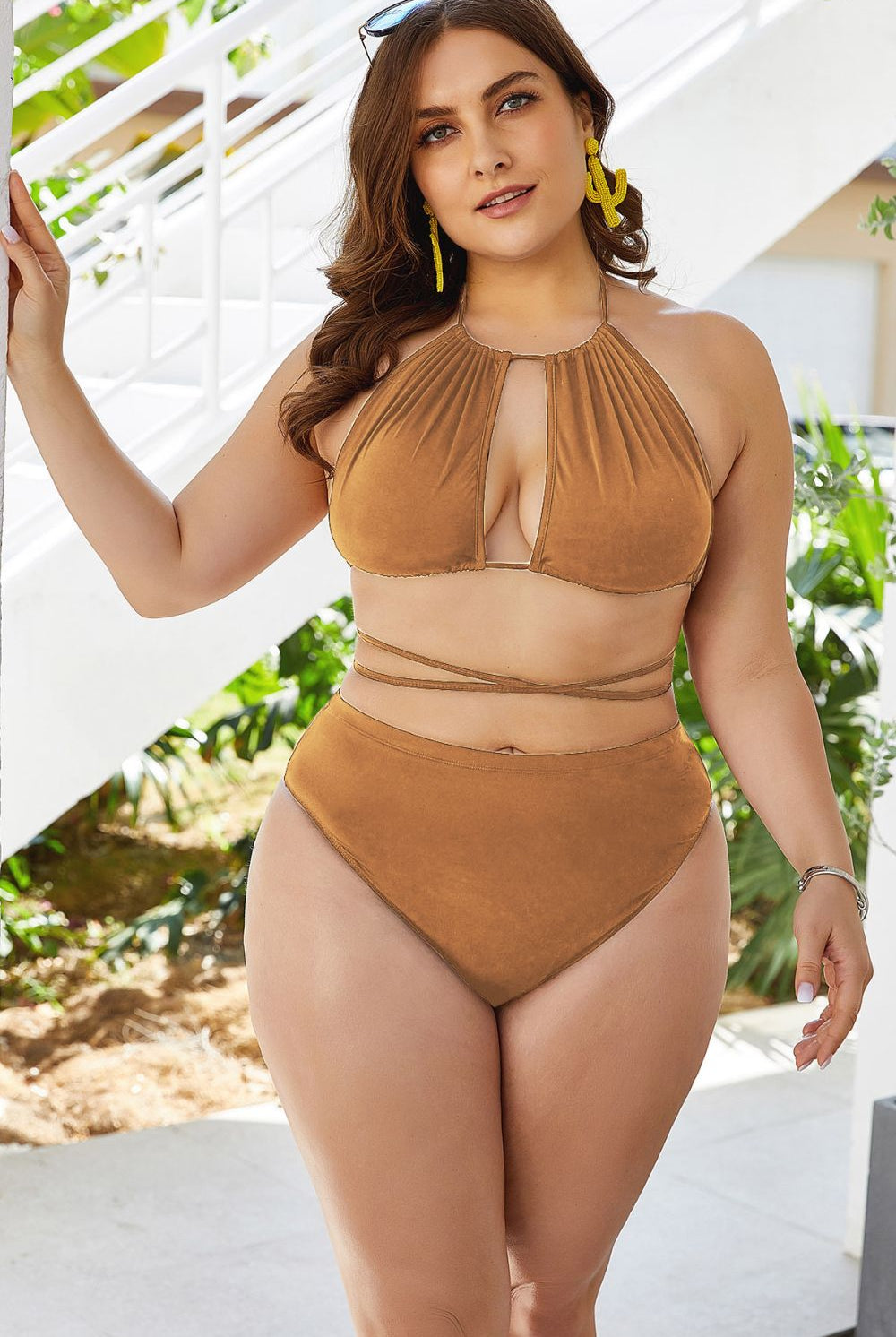 Rosy Brown What’s My Name Plus Size Cutout Tied Backless Bikini Set Plus Size Swimsuits
