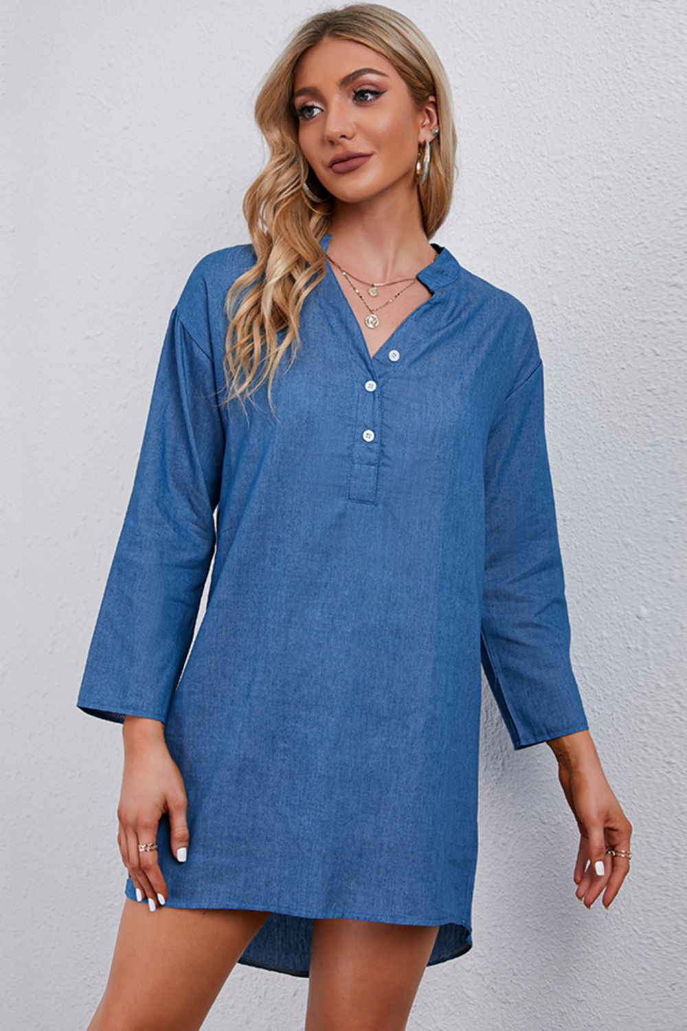 Dark Slate Blue Half-Button Notched Neck High-Low Denim Dress Denim