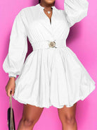White Smoke Notched Button Up Balloon Sleeves Dress Plus Size Clothes