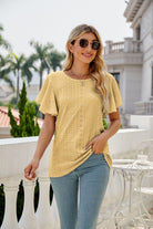 Gray Eyelet Flutter Sleeve Round Neck Top Tops