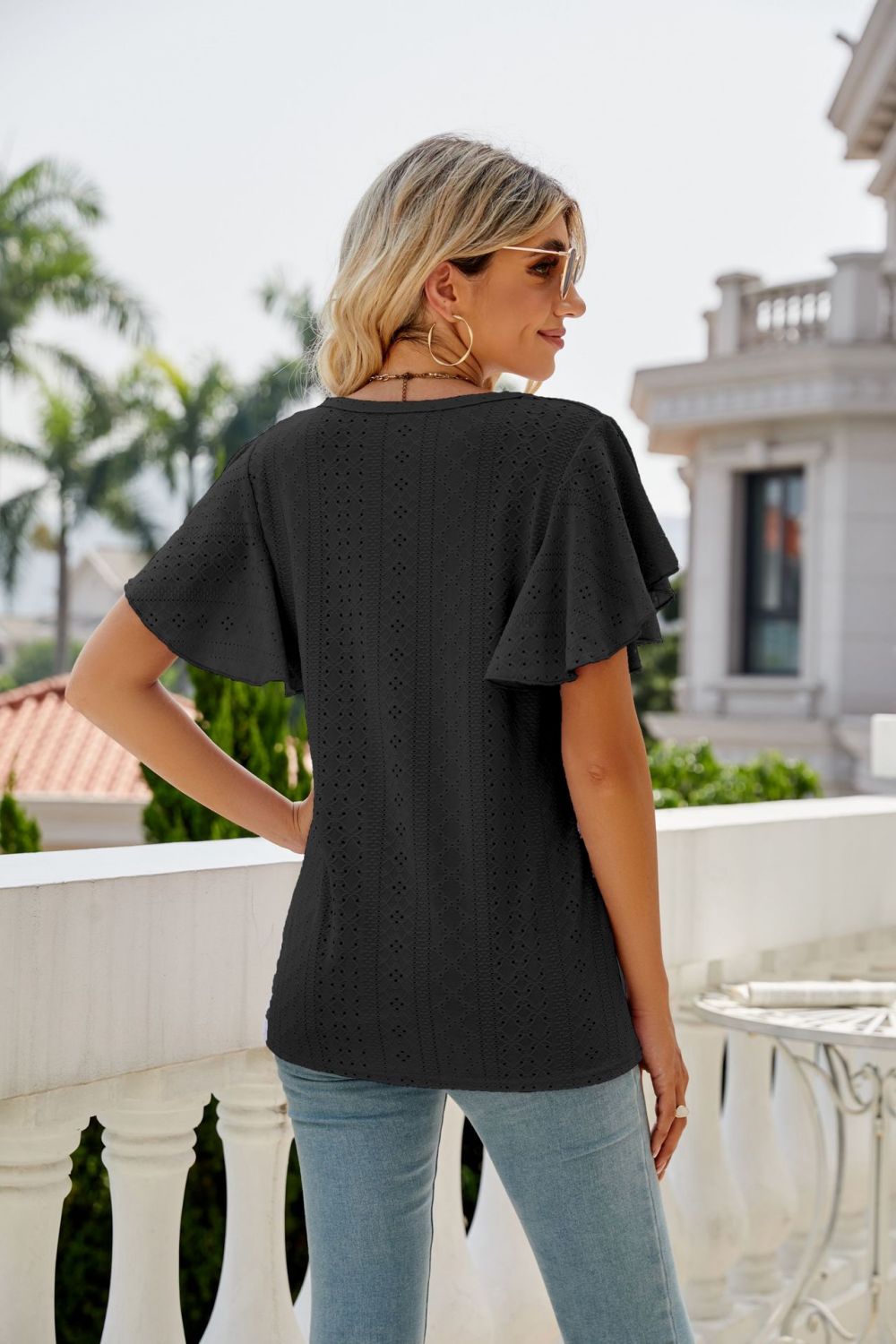 Gray Eyelet Flutter Sleeve Round Neck Top Tops