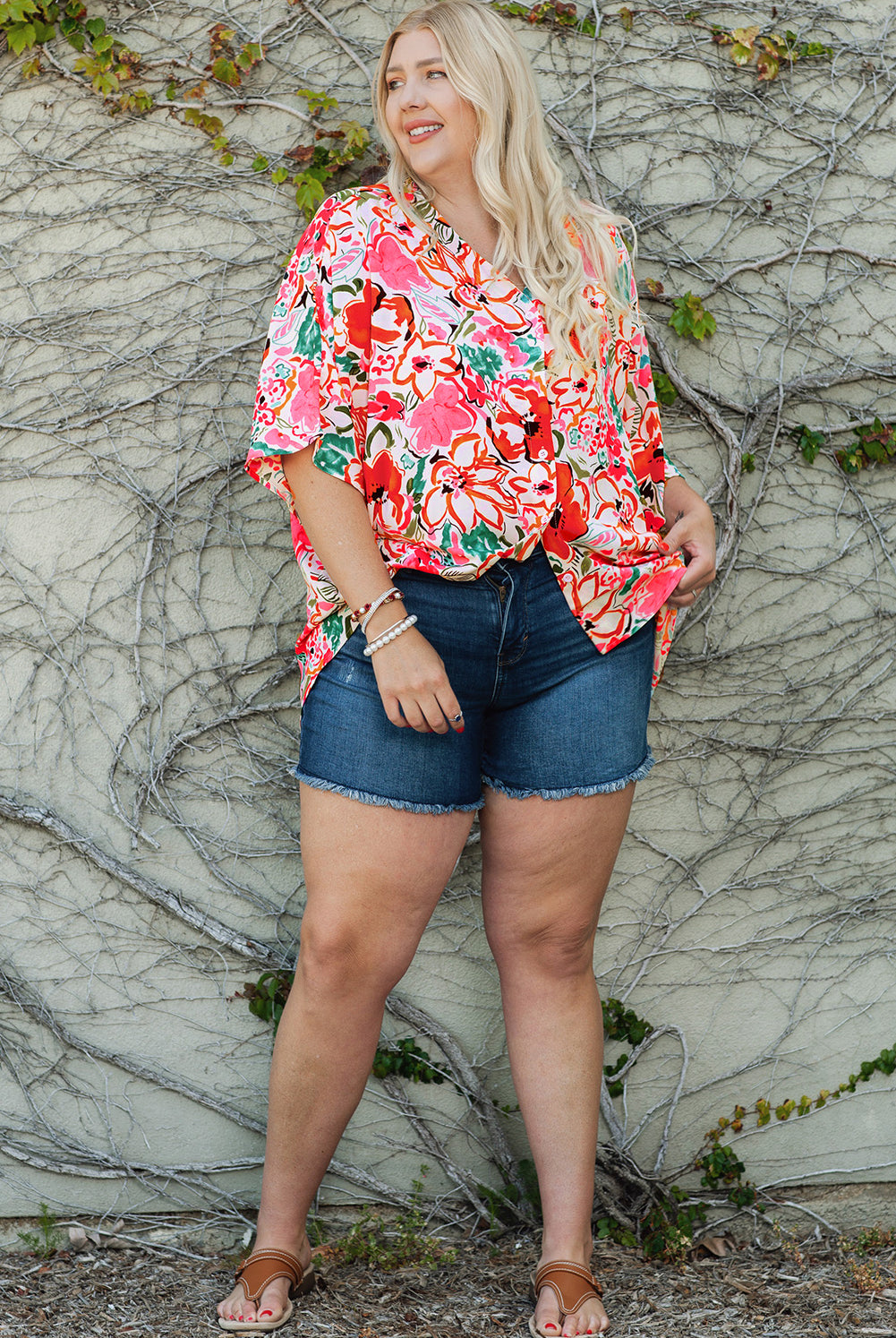 Rosy Brown Plus Size Floral V-Neck Half Sleeve Shirt Tops