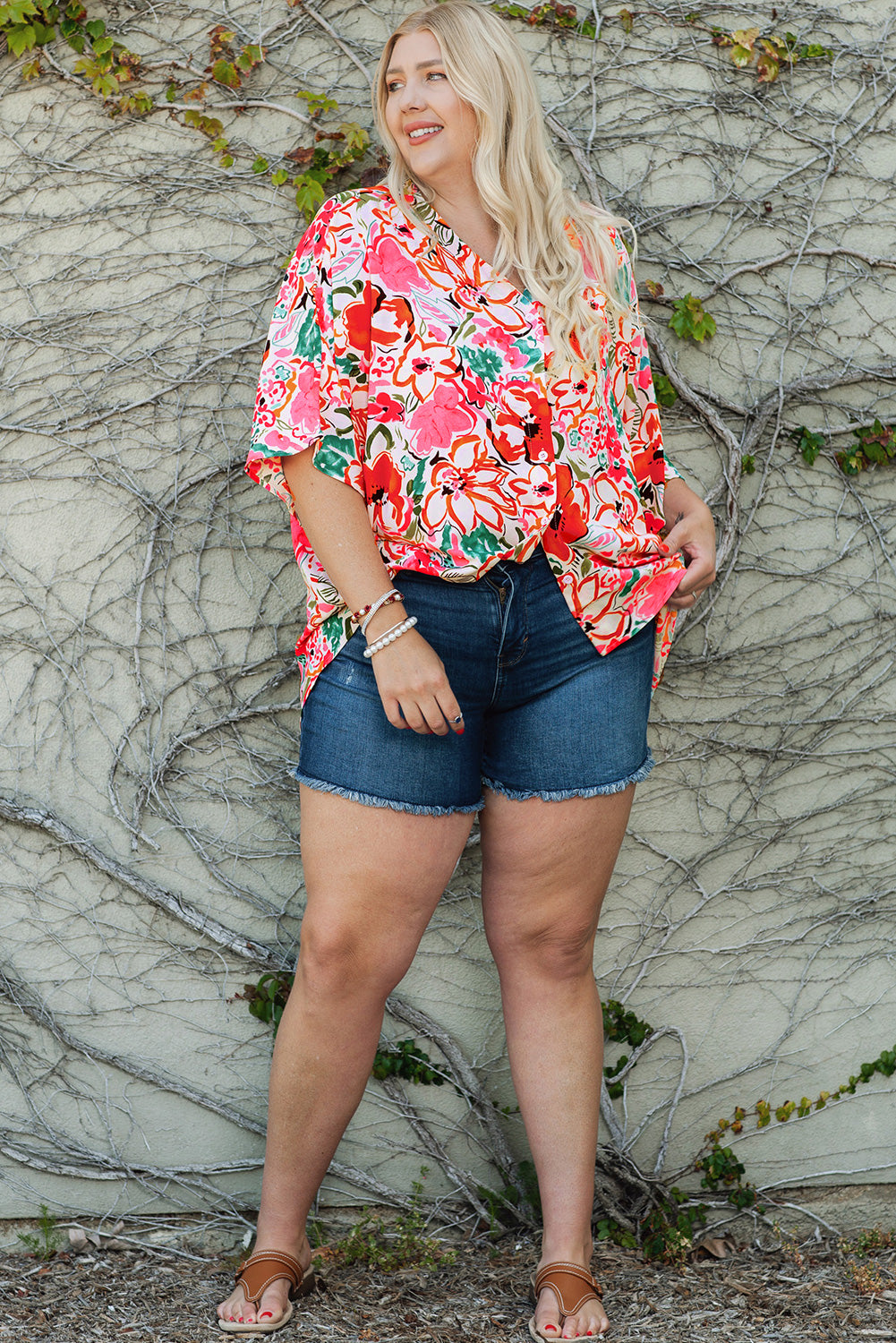 Rosy Brown Plus Size Floral V-Neck Half Sleeve Shirt Tops