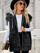 Black Hooded Sleeveless Denim Top with Pockets Denim