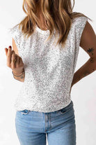 Light Gray Sequin Round Neck Capped Sleeve Tank
