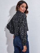 Dark Slate Gray Leopard Button Up Collared Neck Cropped Jacket Trends