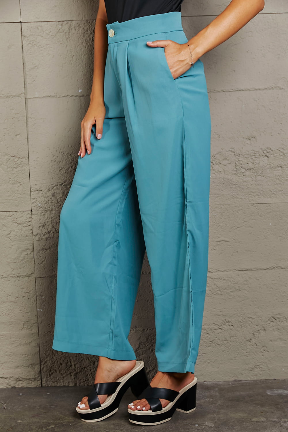Slate Gray Wide Leg Buttoned Pants Clothing