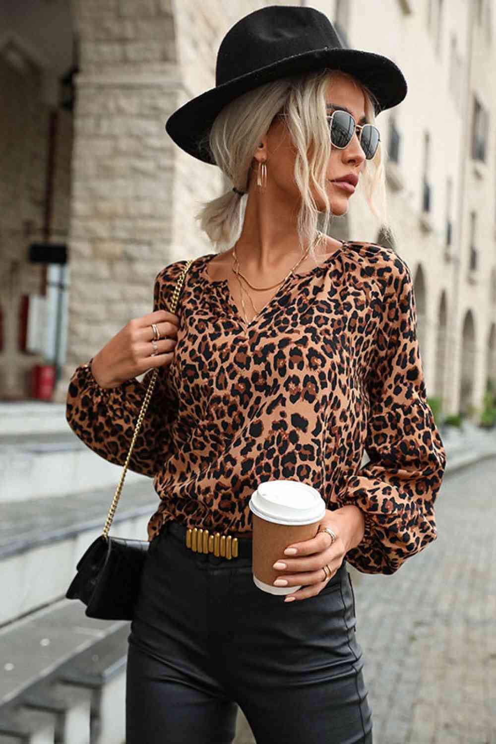 Dark Gray Leopard Lantern Sleeve Blouse Trends