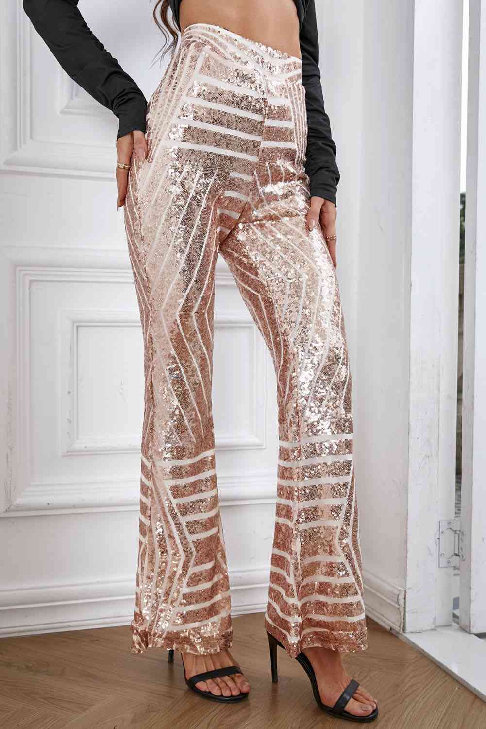 Gray Double Take Sequin High Waist Flared Pants Holiday