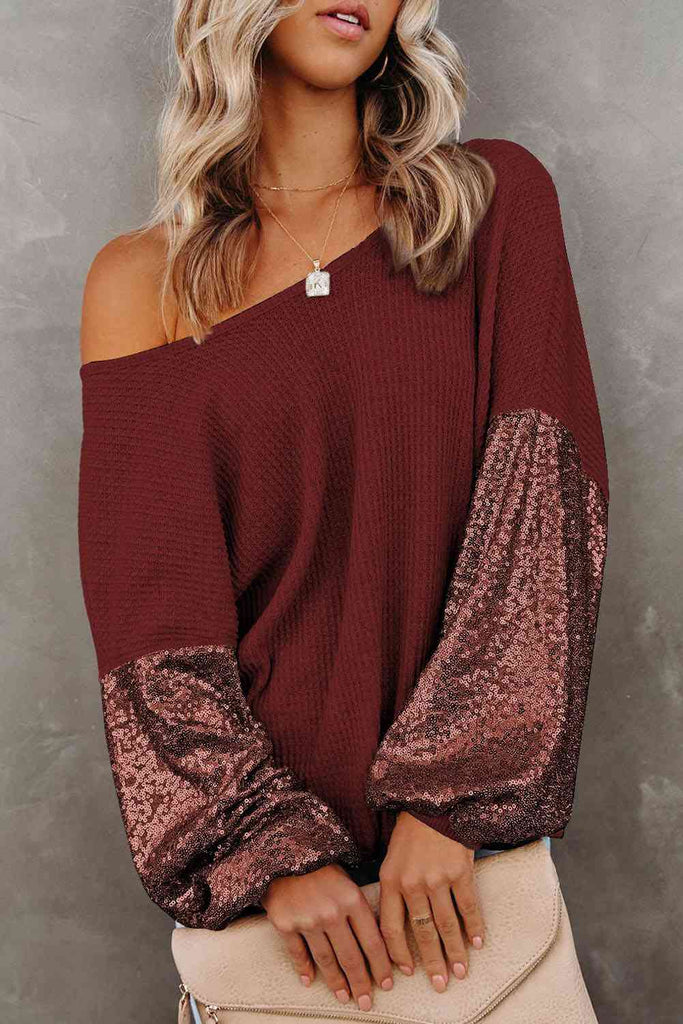 Dim Gray Sequin Waffle-Knit Blouse Holiday