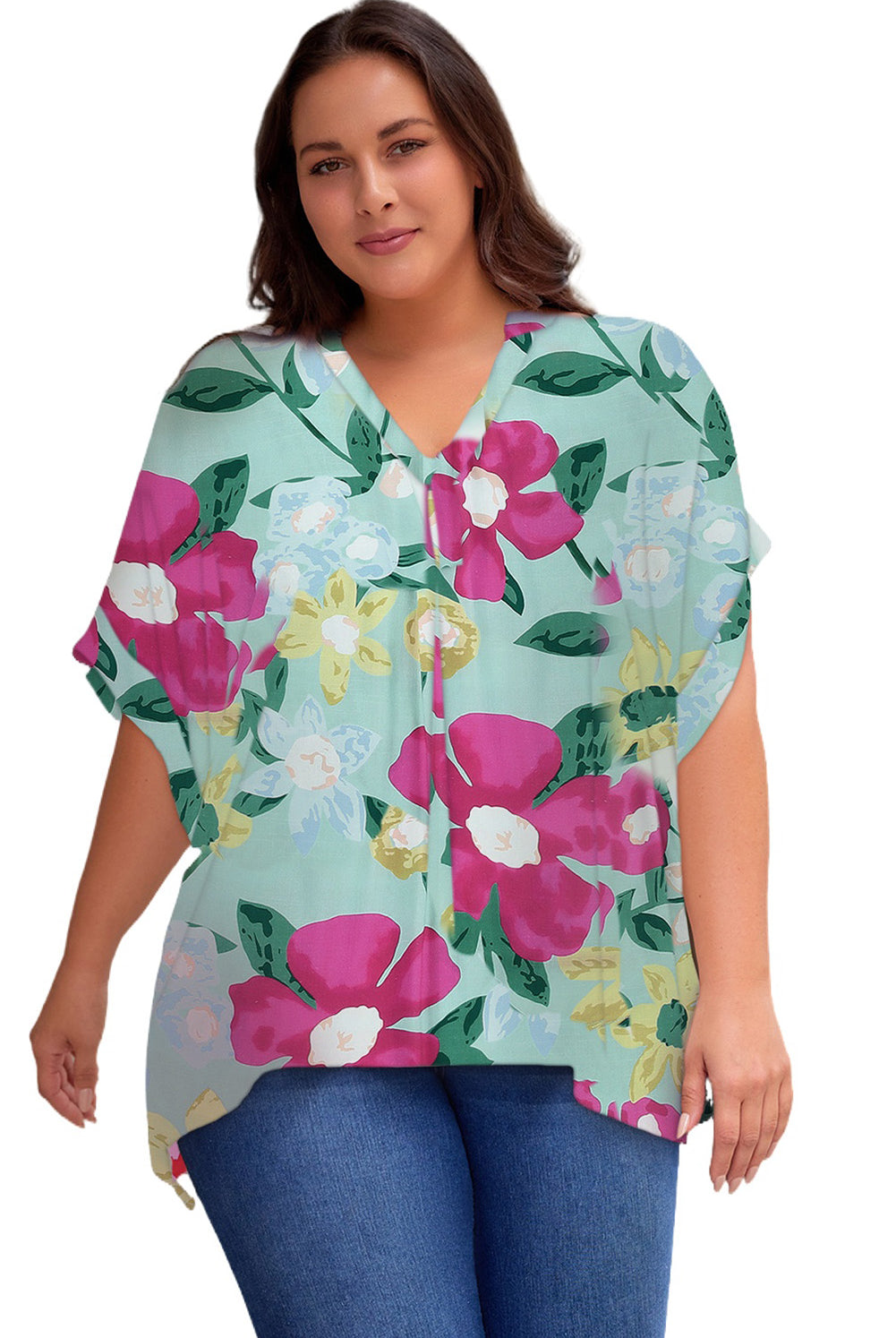 Dark Gray Plus Size Printed Notched Neck Half Sleeve Top Tops