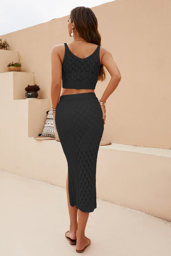 Gray Openwork Cropped Tank and Split Skirt Set Clothing