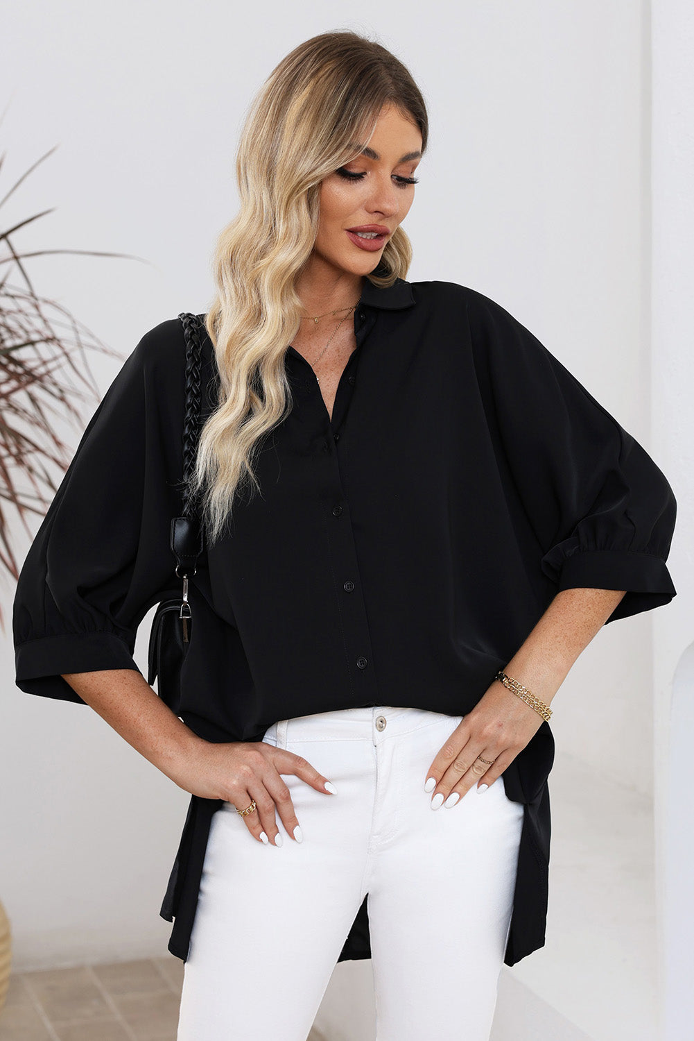 Black Three-Quarter Sleeve Slit Shirt Tops