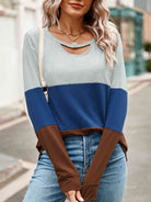 Gray Color Block Cutout Round Neck Long Sleeve T-Shirt Holiday