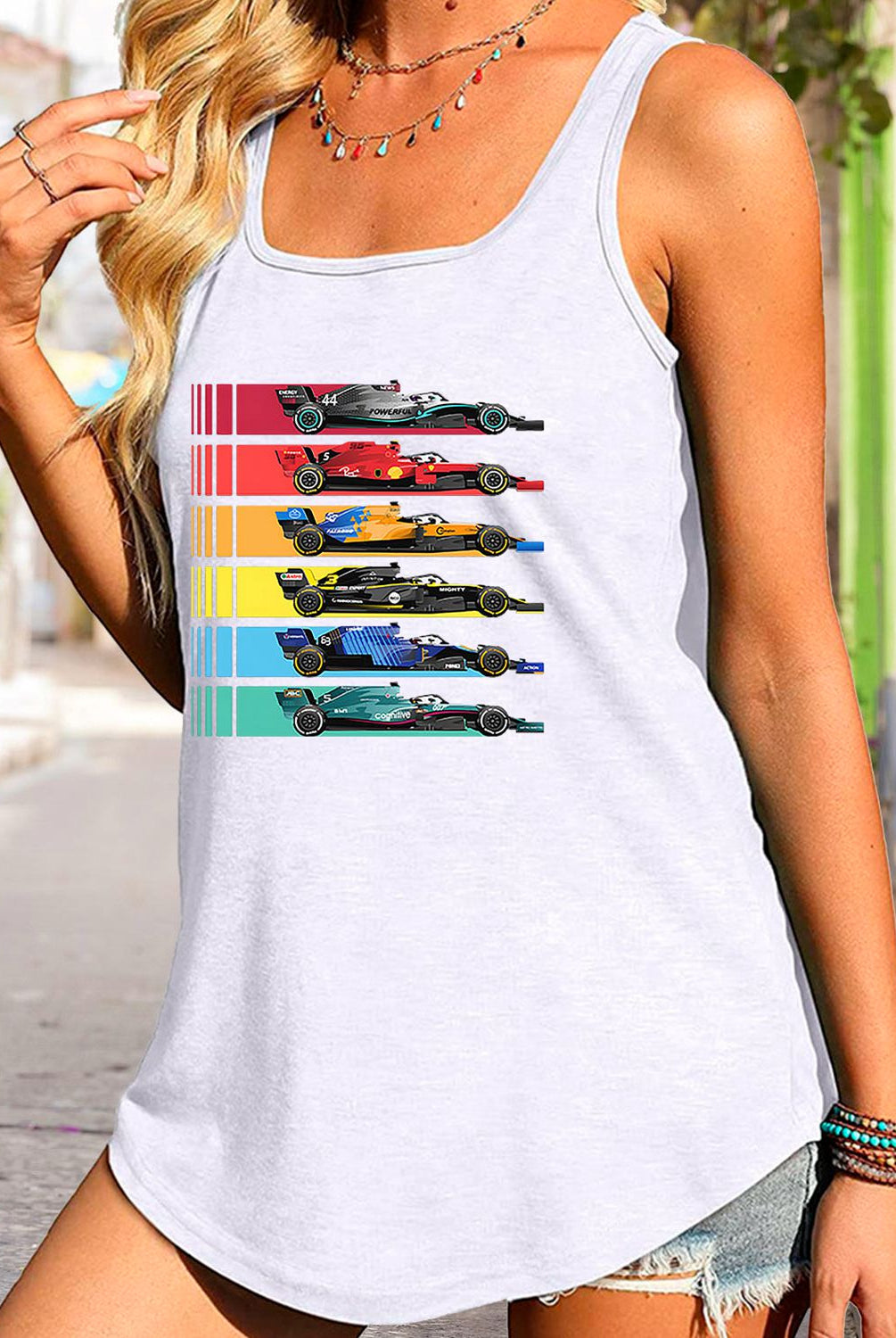 Light Gray Scoop Neck Race Car Graphic Tank Top Graphic Tees