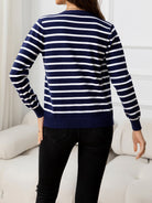 Light Gray Striped Round Neck Long Sleeve Buttoned Knit Top Clothing