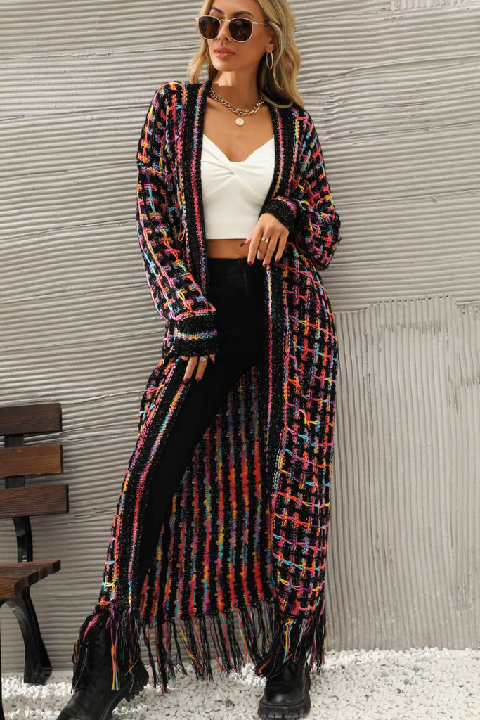 Dark Gray Multicolored Open Front Fringe Hem Cardigan Clothing