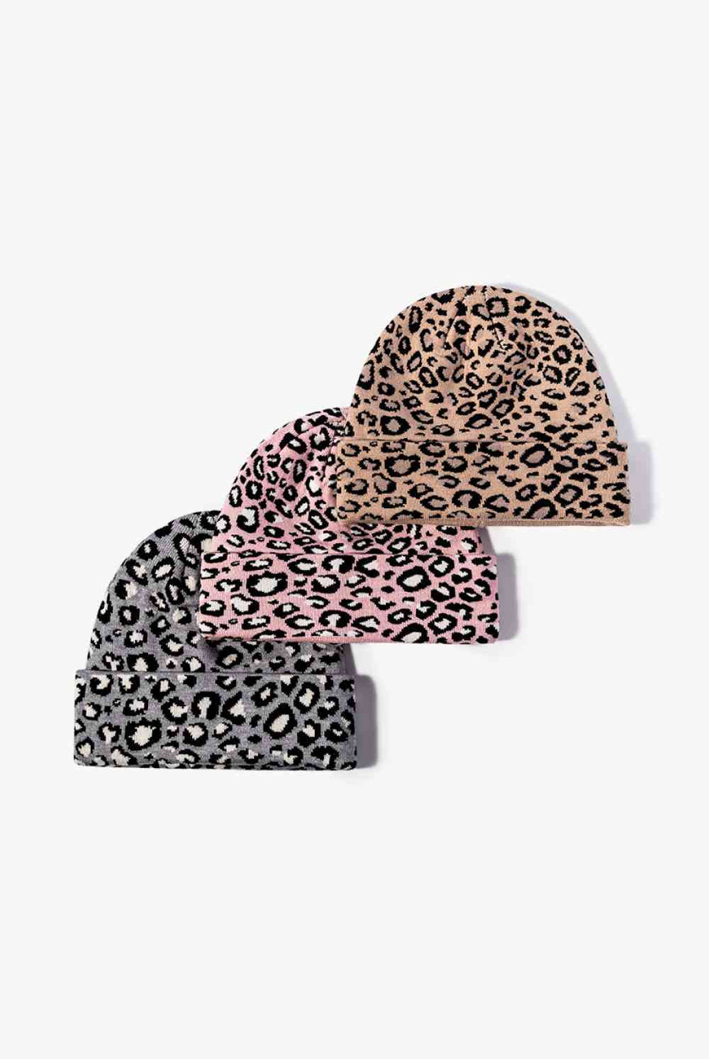 White Smoke Leopard Pattern Cuffed Beanie Winter Accessories