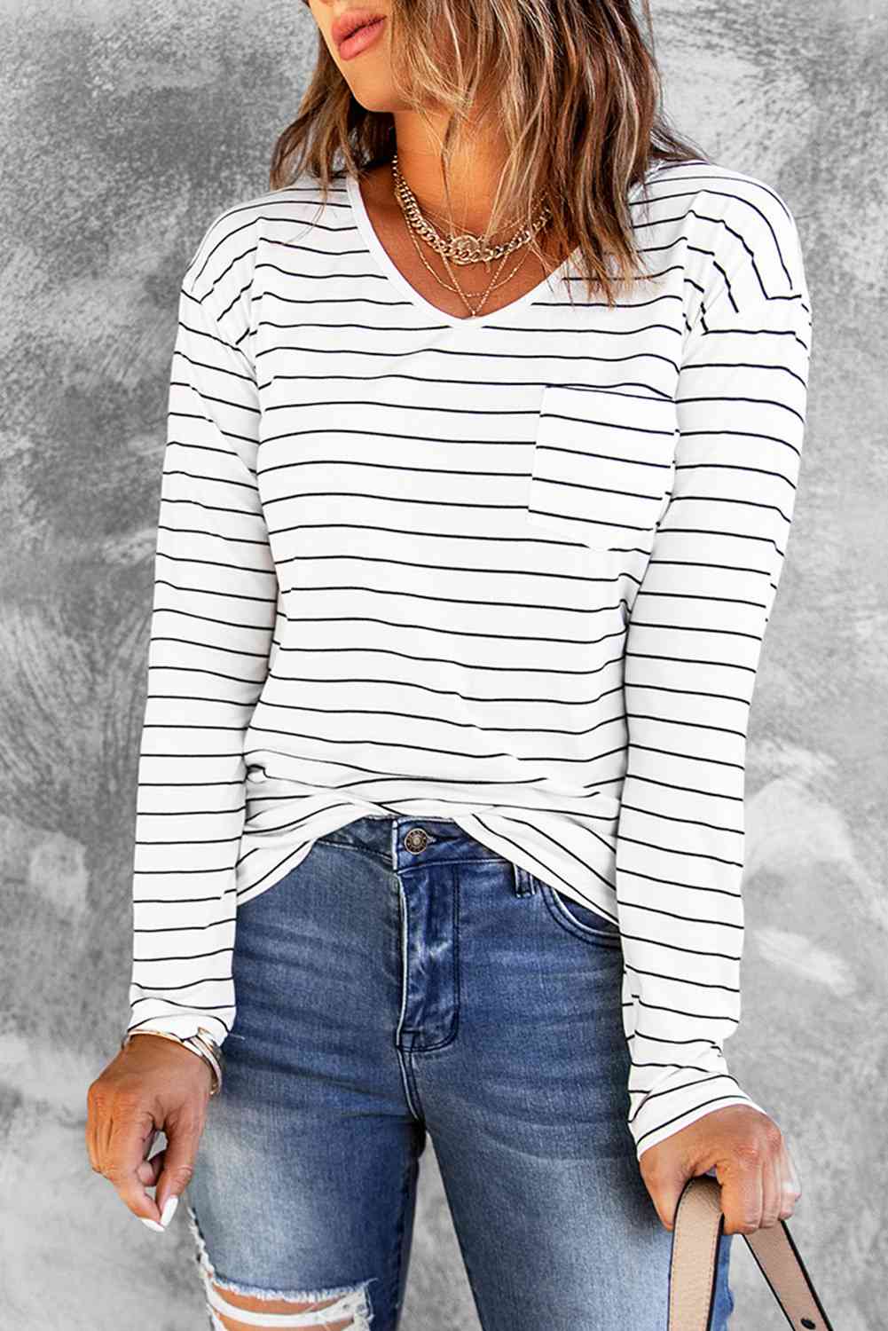 Light Gray Striped Long Sleeve T-Shirt Holiday