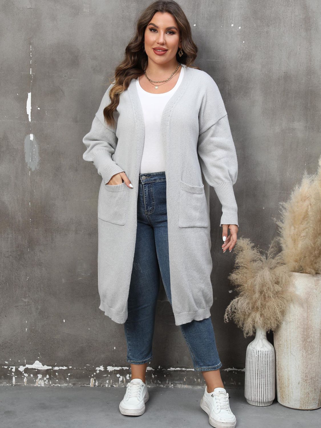 Light Slate Gray Plus Size Long Sleeve Pocketed Cardigan Clothing