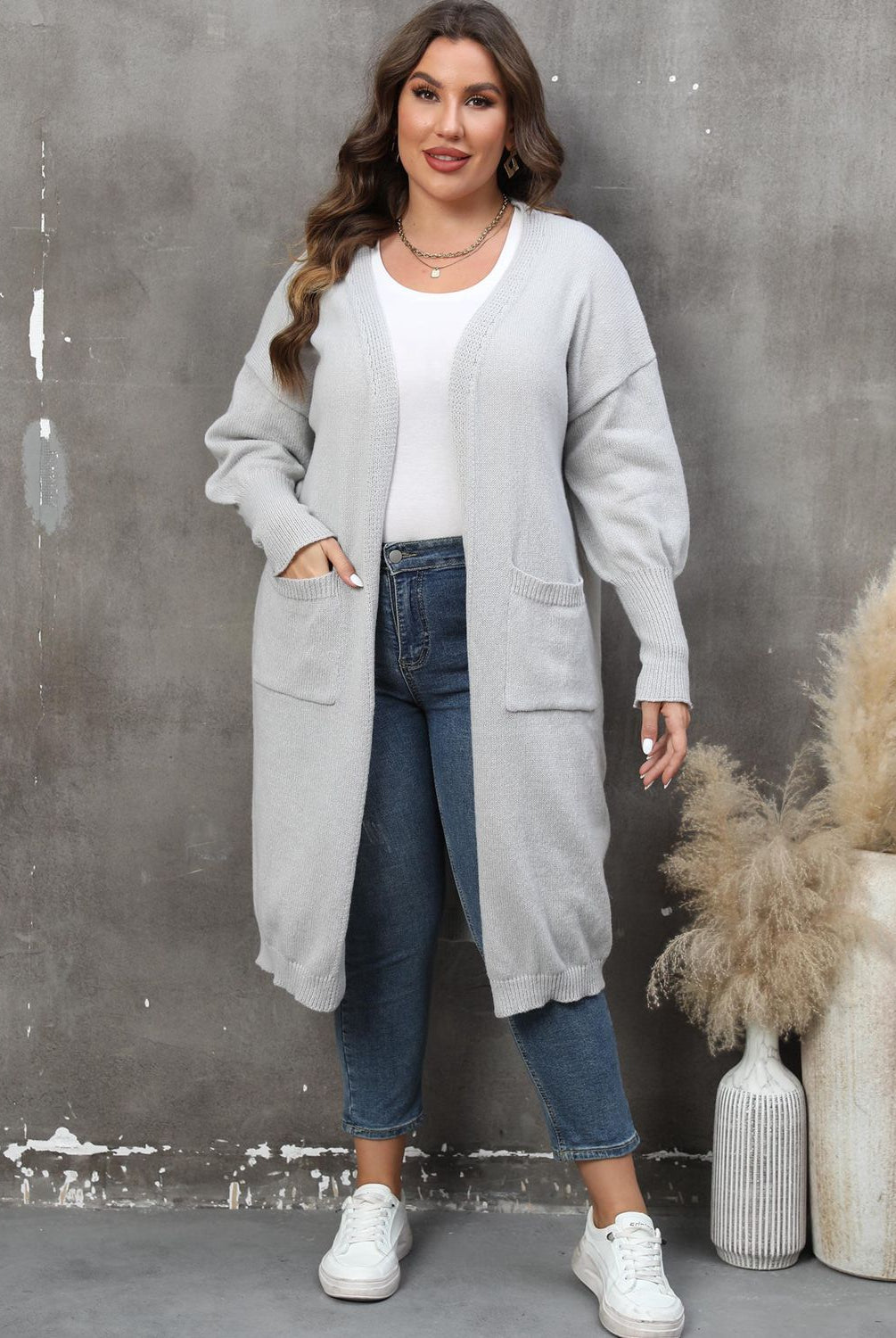 Light Slate Gray Plus Size Long Sleeve Pocketed Cardigan Clothing
