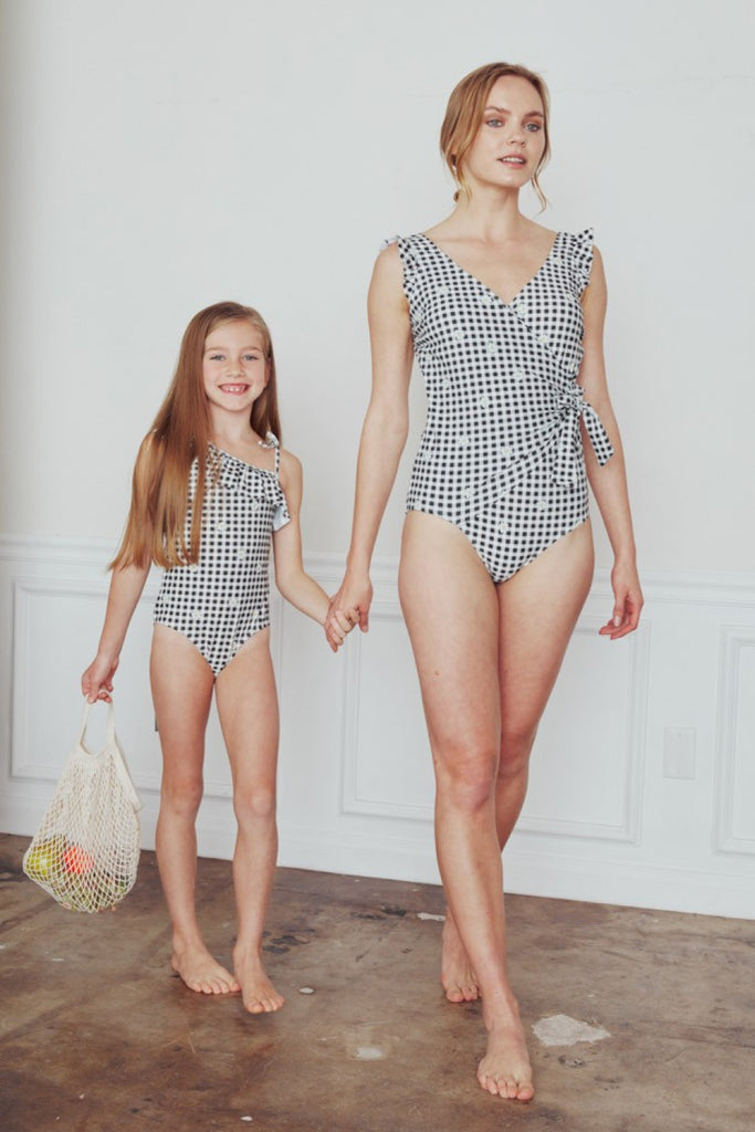 Gray Marina West Swim Full Size Float On Ruffle Faux Wrap One-Piece in Black Plus Size Clothes