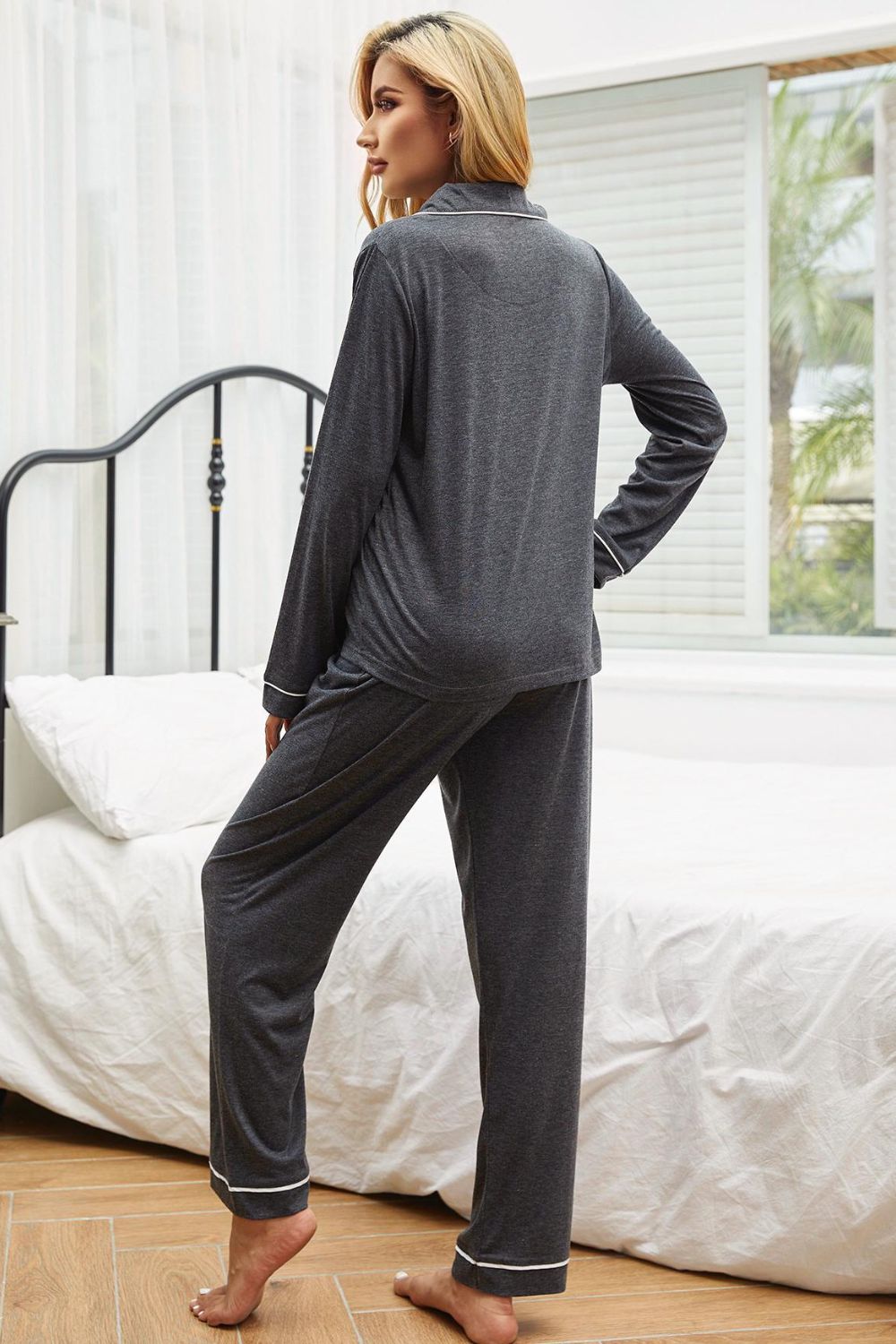 Dark Slate Gray Blessed Mess Contrast Piping Button Down Top and Pants Loungewear Set Pajamas