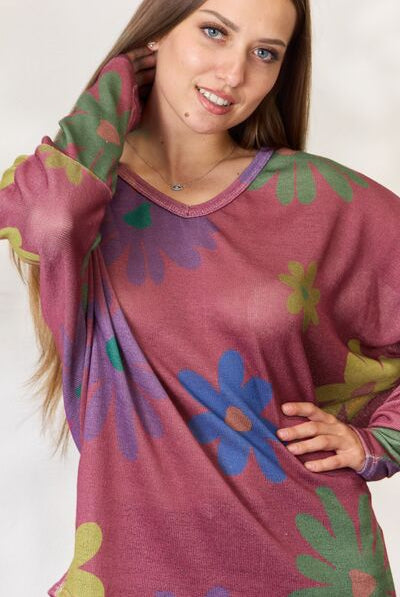 Maroon Hopely Full Size Floral V-Neck Long Sleeve Top Plus Size Clothing