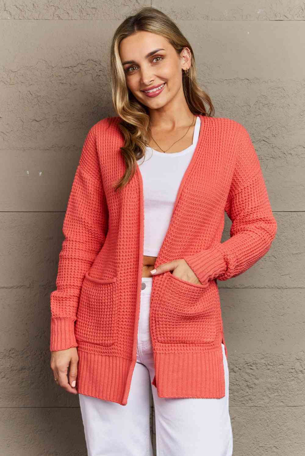 Rosy Brown Zenana Bright & Cozy Full Size Waffle Knit Cardigan Clothing