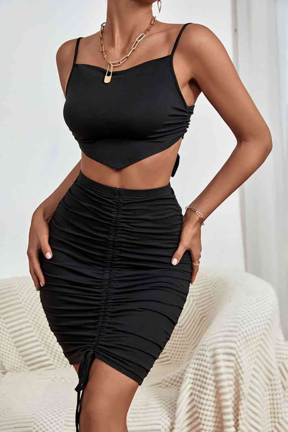 Black Spaghetti Strap Cropped Top and Ruched Skirt Set New Year Looks