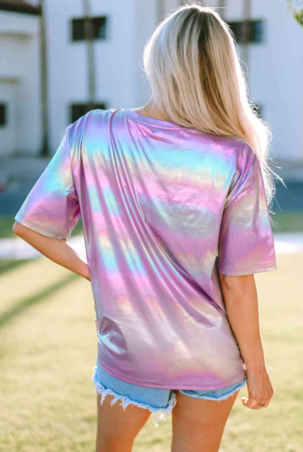 Gray STAY WILD Round Neck Short Sleeve Holographic Tee Clothing