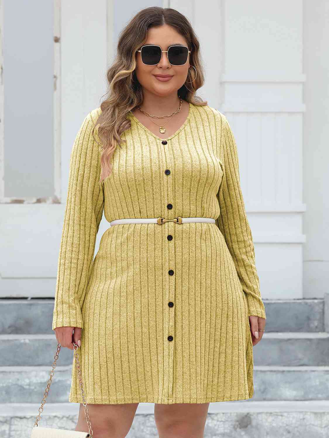 Light Gray Plus Size Ribbed Buttoned V-Neck Long Sleeve Dress Holiday