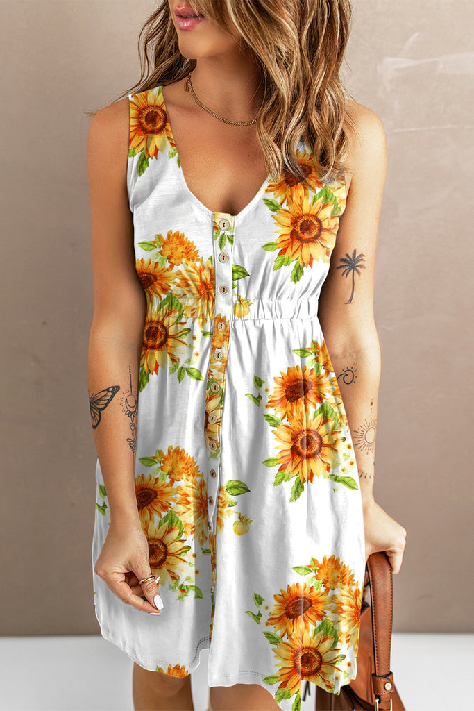 Rosy Brown Sunflower Print Magic Button Down Sleeveless Dress Dresses